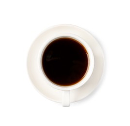 Photo of Tasty coffee in cup isolated on white, top view