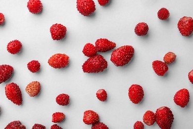 Photo of Many fresh wild strawberries on white background, flat lay