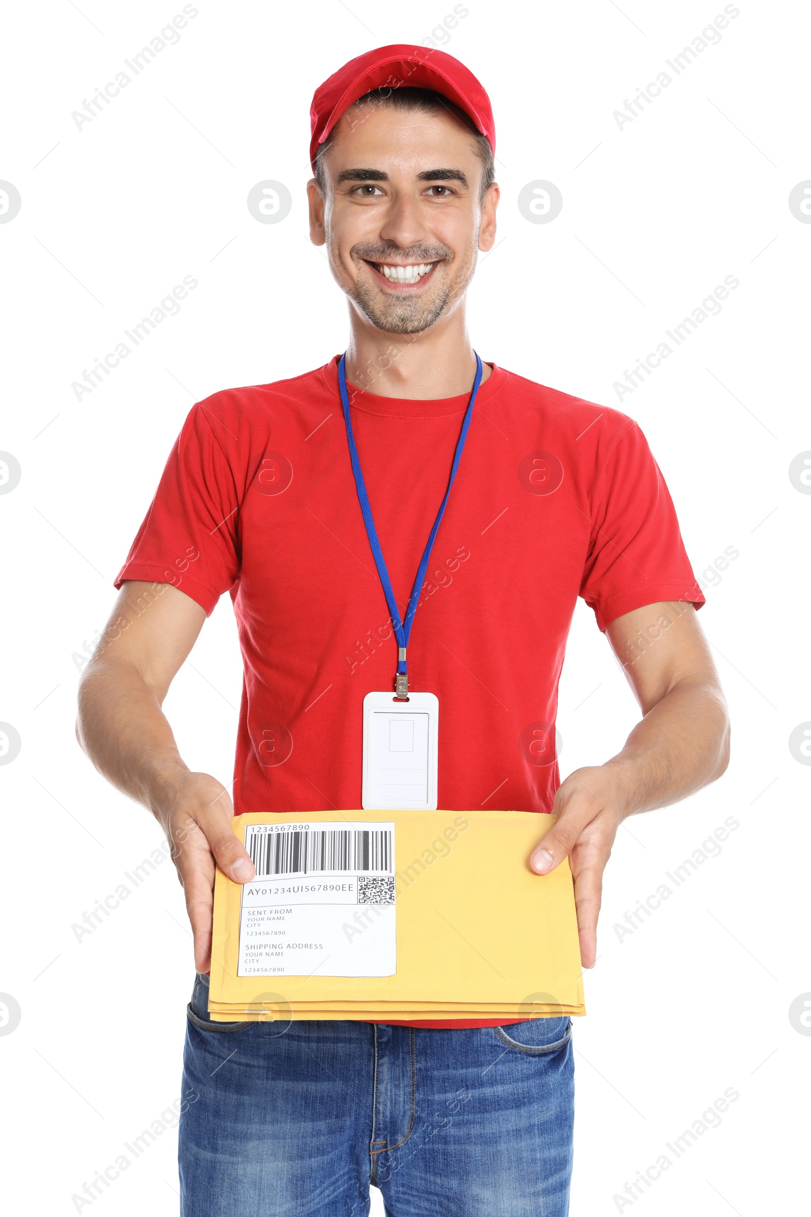 Photo of Happy young courier with envelopes on white background