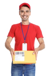 Happy young courier with envelopes on white background