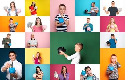 Image of Collage with photos of people holding piggy banks on different color backgrounds