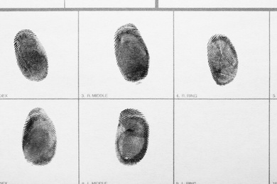 Photo of Fingerprint record sheet, top view. Criminal investigation