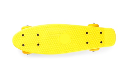 Photo of Yellow skateboard isolated on white, top view. Sports equipment