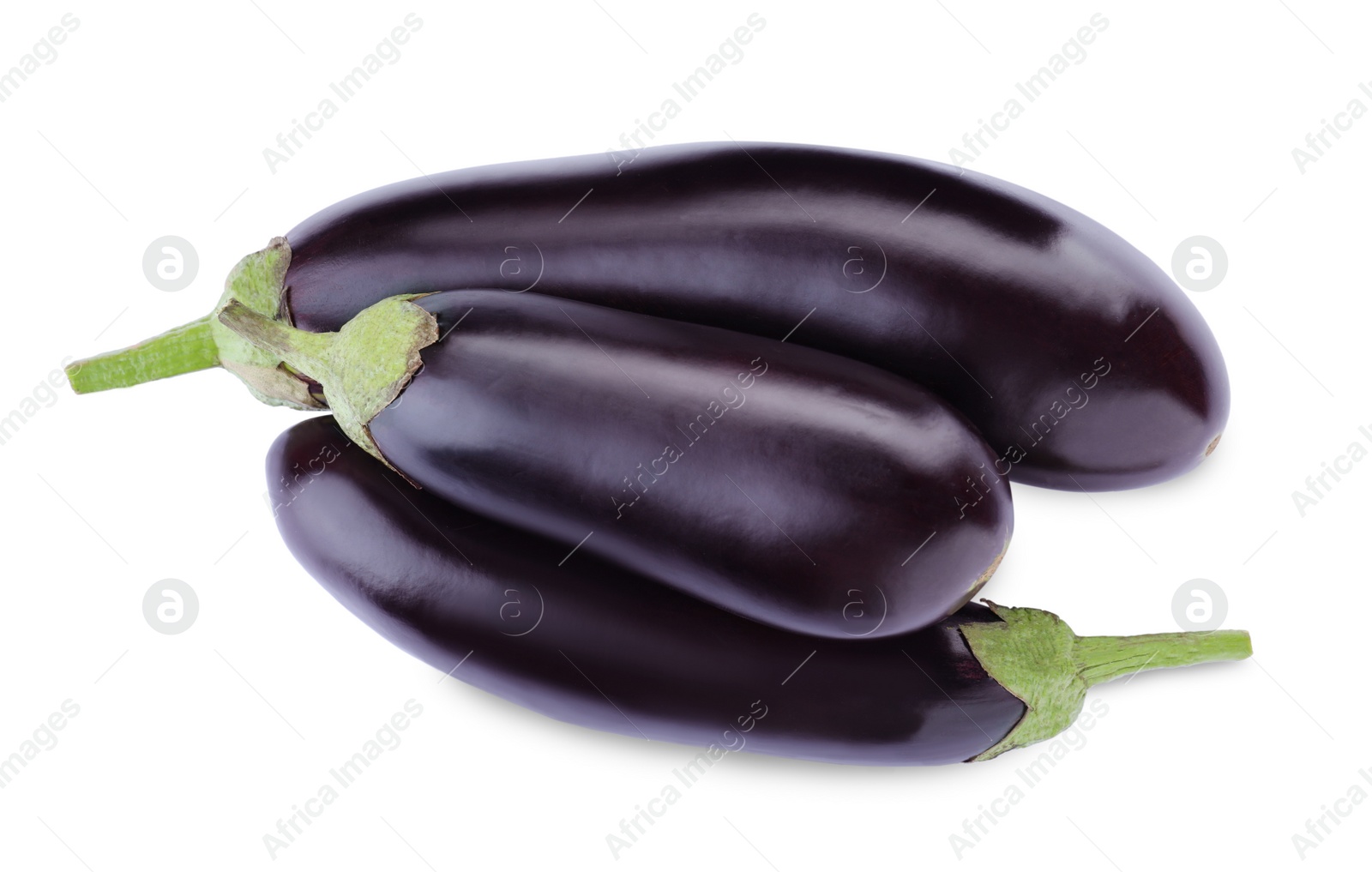 Photo of Tasty raw ripe eggplants isolated on white, top view