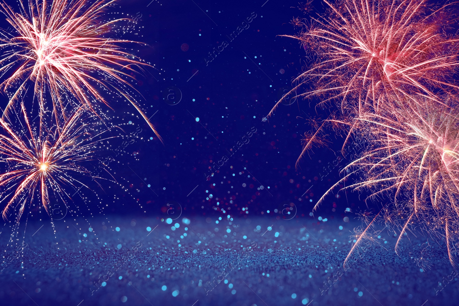 Image of 4th of July - Independence Day of USA. Festive background with fireworks and glitters, bokeh effect