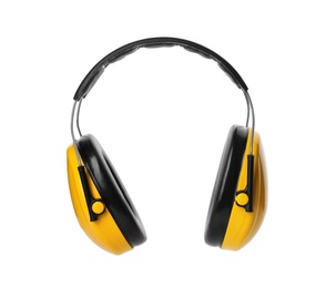 Photo of Protective headphones on white background. Professional construction accessory