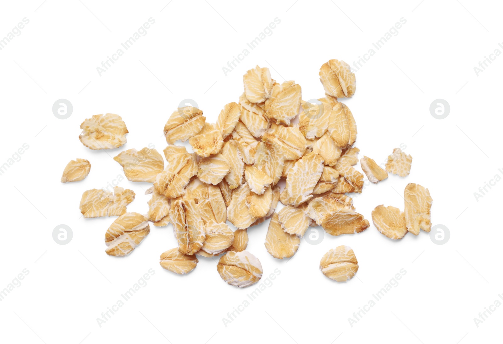 Photo of Pile of rolled oats isolated on white, top view