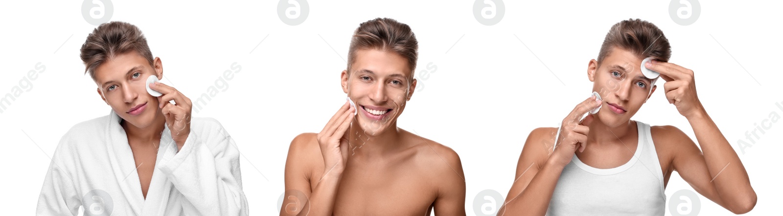 Image of Man cleaning his face with cotton pads on white background, set of photos