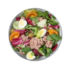 Photo of Bowl of delicious salad with canned tuna and vegetables on white background, top view