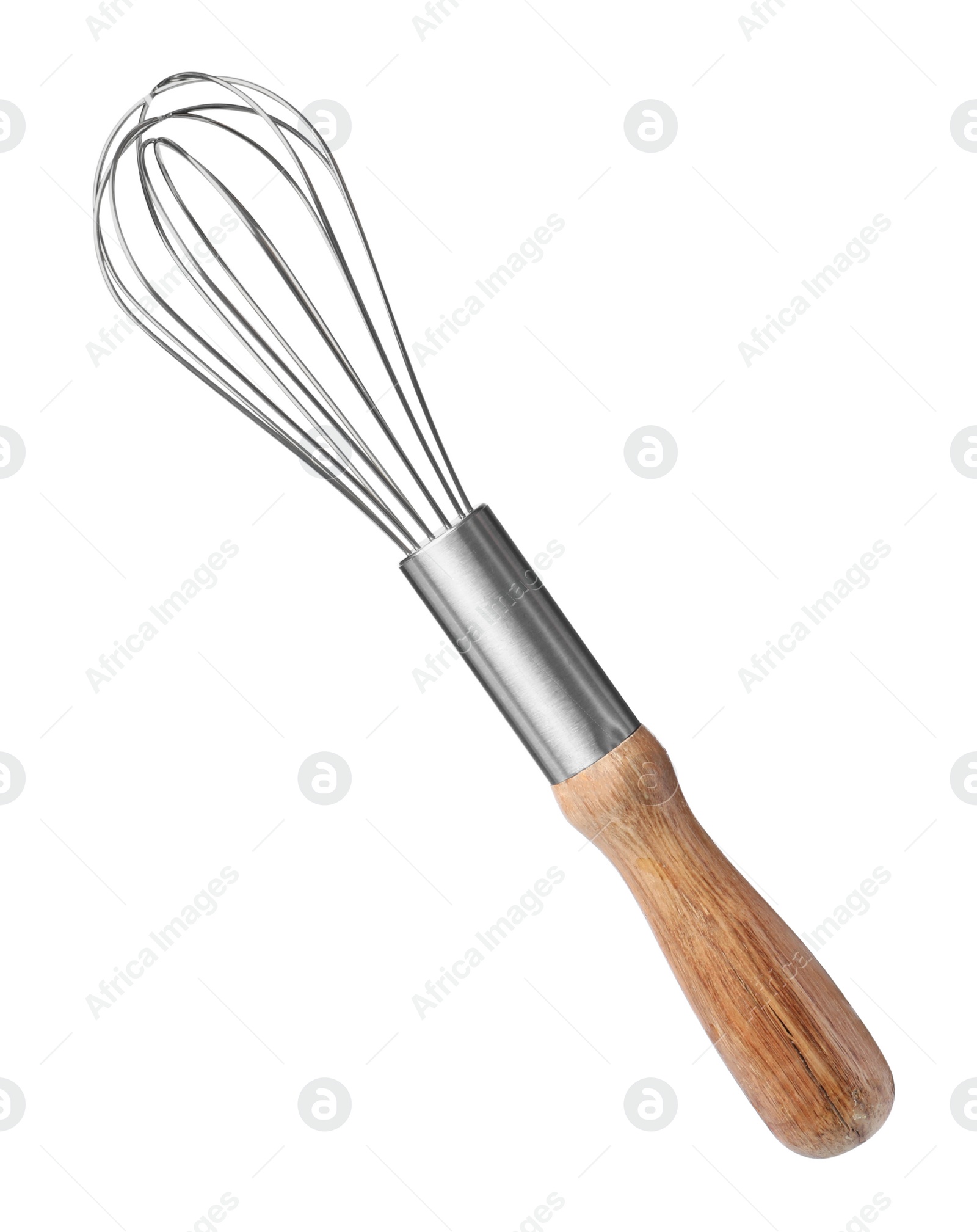 Photo of New balloon whisk with wooden handle isolated on white