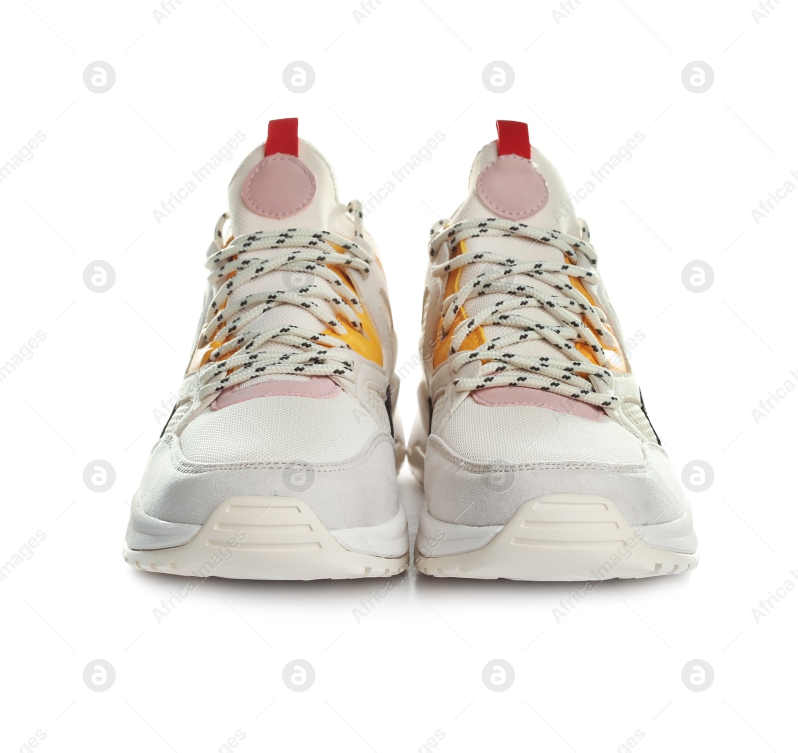 Photo of Pair of stylish sneakers on white background