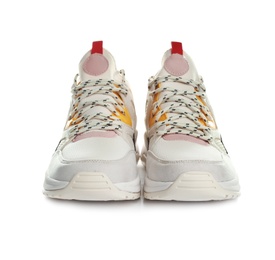 Pair of stylish sneakers on white background