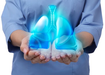 Doctor demonstrating digital image of human lungs on white background, closeup