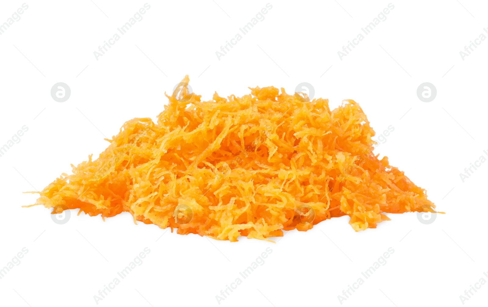 Photo of Pile of fresh grated carrot on white background