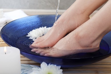 Woman pouring water onto her feet in bowl on floor, closeup. Spa treatment