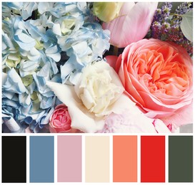 Beautiful fresh flowers and color palette. Collage