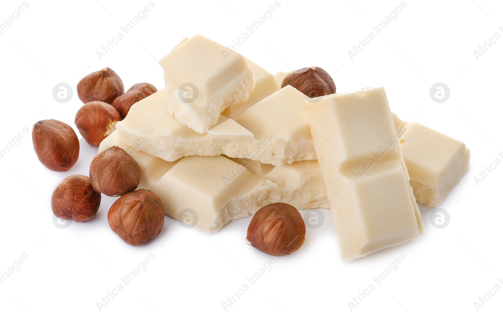 Photo of Delicious chocolate with nuts on white background