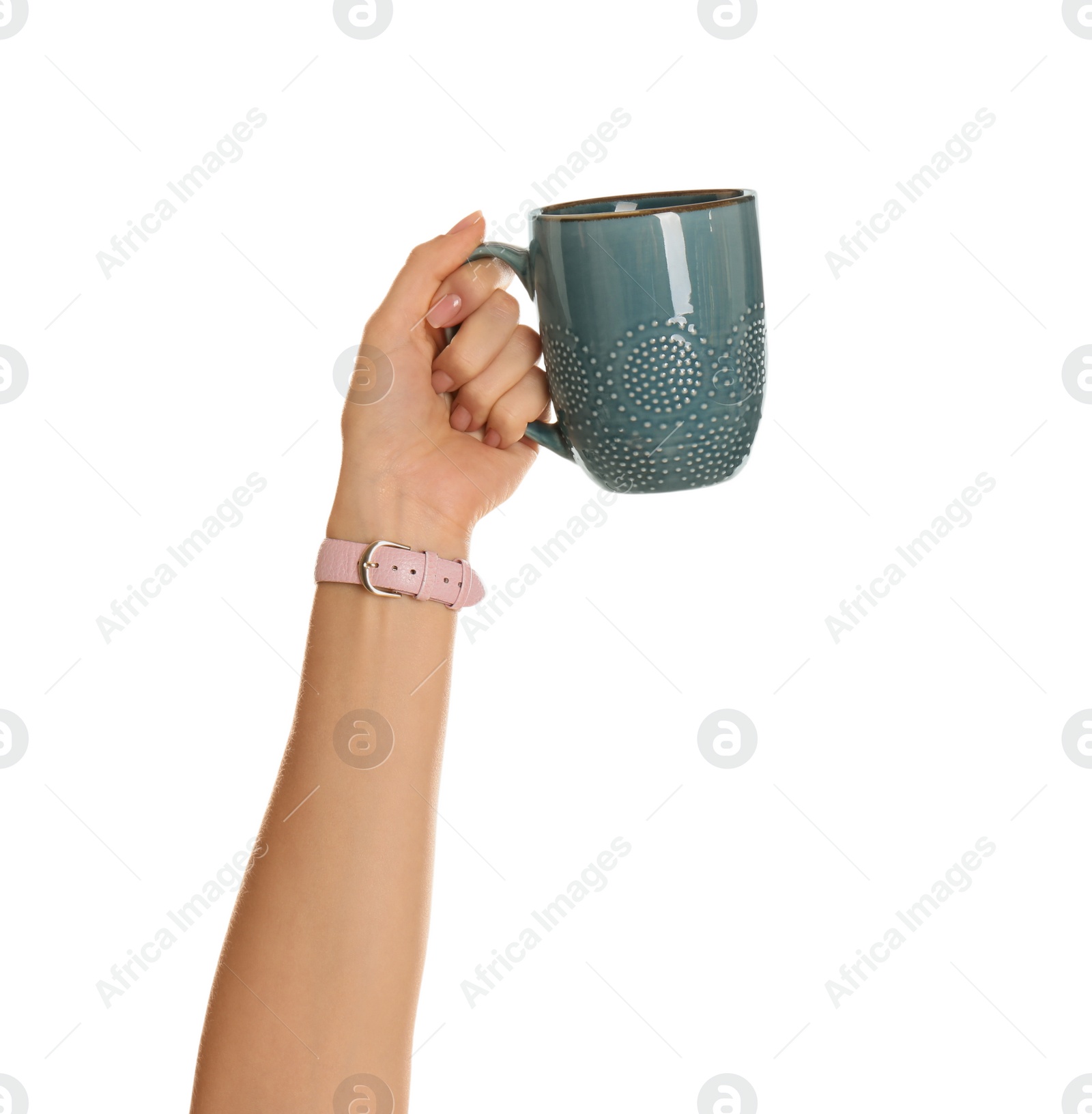 Photo of Woman holding elegant blue cup on white background, closeup