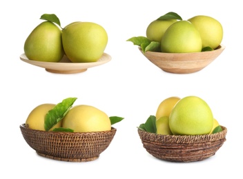 Image of Set of fresh exotic pomelo fruits on white background 