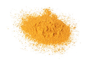 Photo of Dry curry powder isolated on white, top view