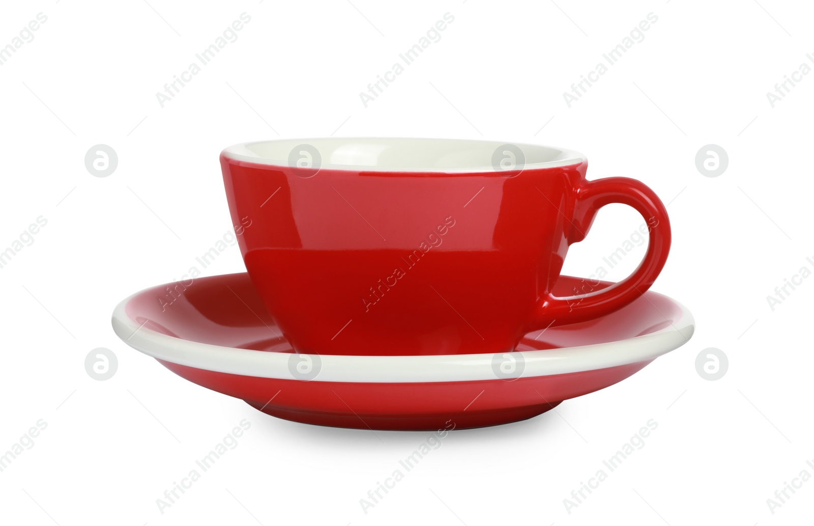 Photo of Red ceramic cup with saucer isolated on white