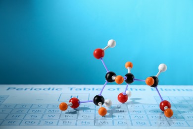 Molecular model on periodic table against light blue background, space for text