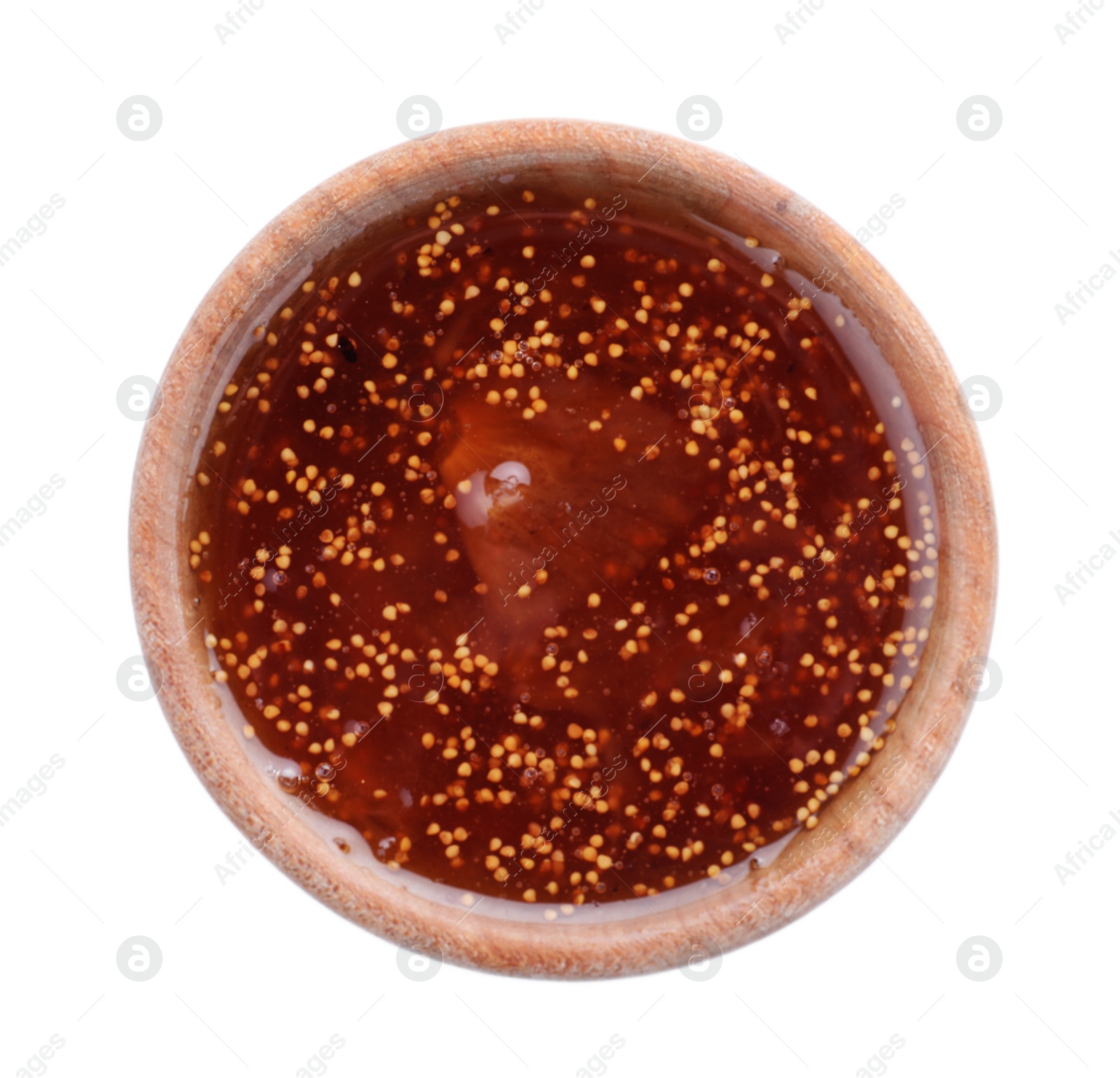 Photo of Homemade delicious fig jam in wooden bowl on white background, top view