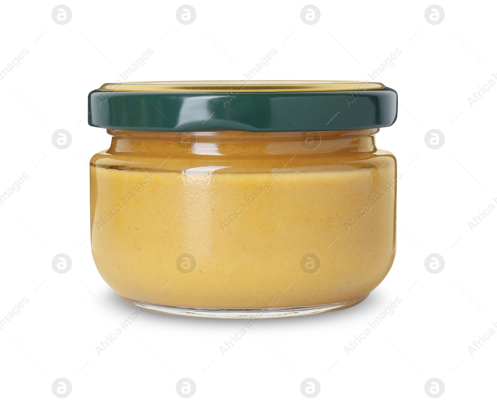 Photo of Fresh tasty mustard sauce in glass jar isolated on white