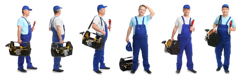 Image of Collage with photos of mature plumber on white background. Banner design