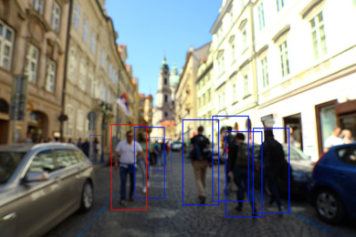 Image of Blurred view of city street with scanner frames on people. Machine learning
