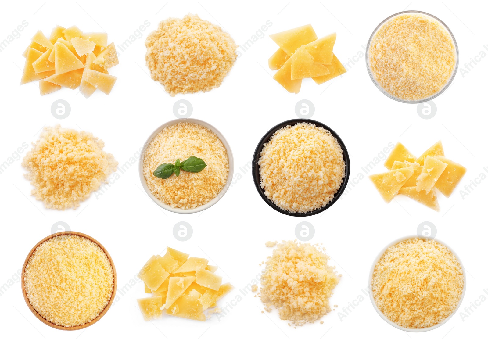 Image of Set with delicious parmesan cheese on white background, top view