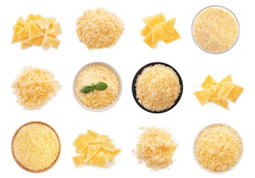 Image of Set with delicious parmesan cheese on white background, top view