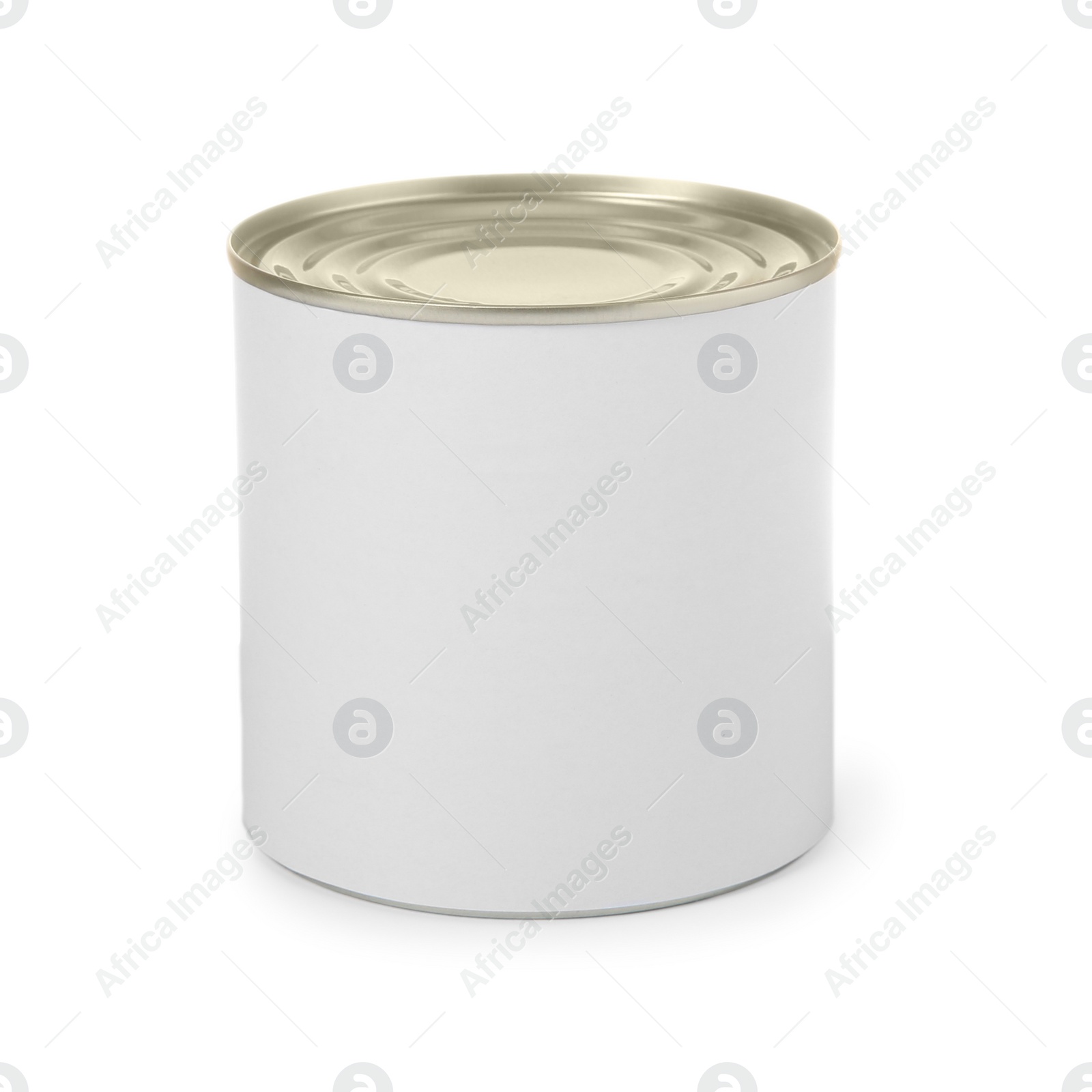 Photo of Closed tin can isolated on white, mockup for design