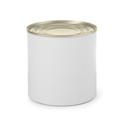 Photo of Closed tin can isolated on white, mockup for design