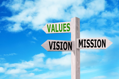 Image of Wooden signpost with Mission, Vision and Values arrows against blue sky