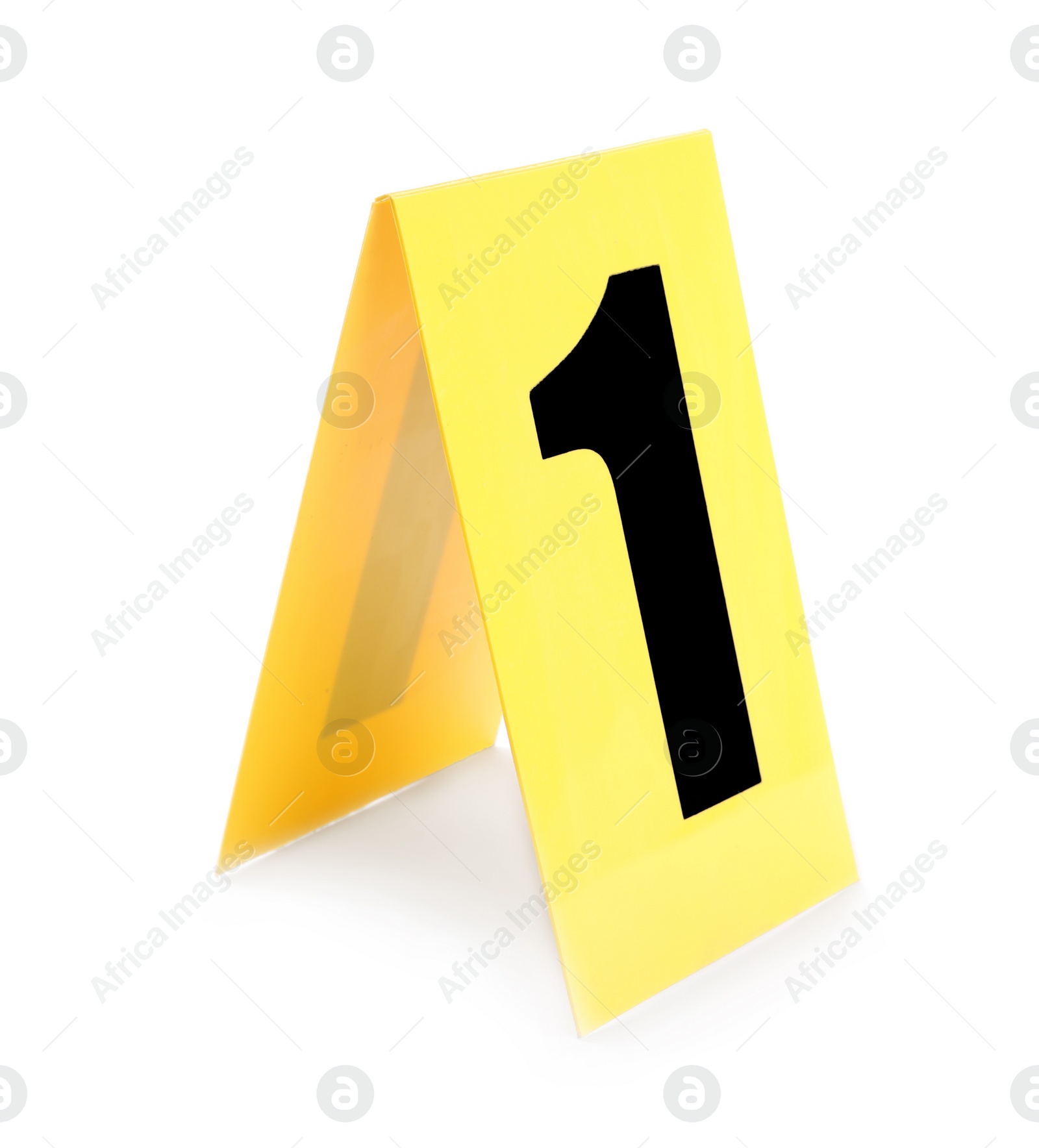 Photo of Yellow crime scene marker with number one on white background