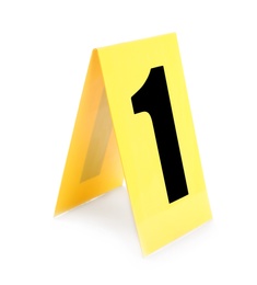 Photo of Yellow crime scene marker with number one on white background