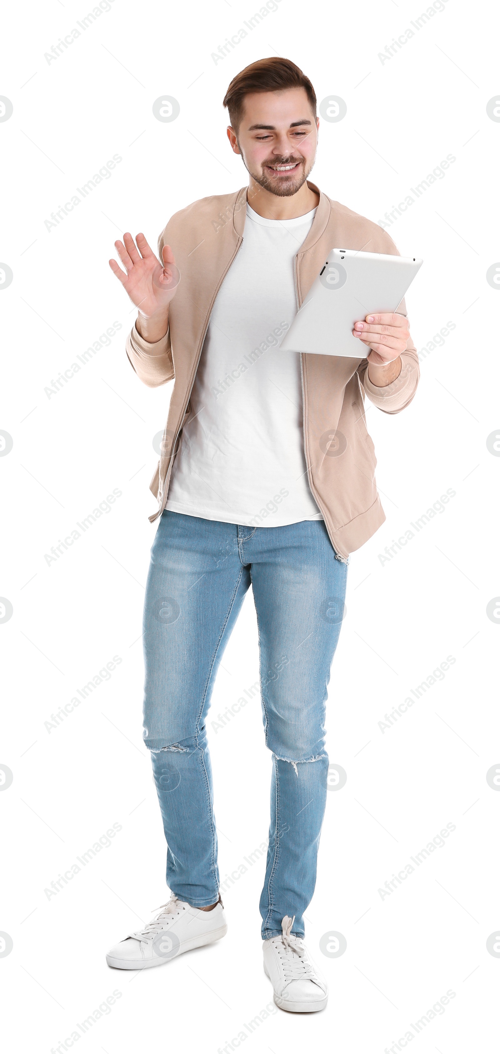 Photo of Man using tablet for video chat isolated on white