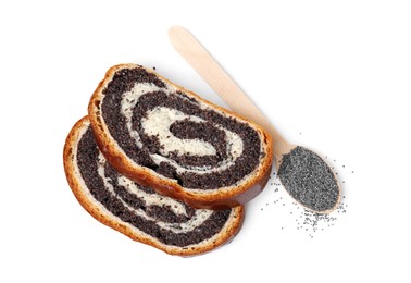 Photo of Slices of poppy seed roll and spoon isolated on white, top view. Tasty cake