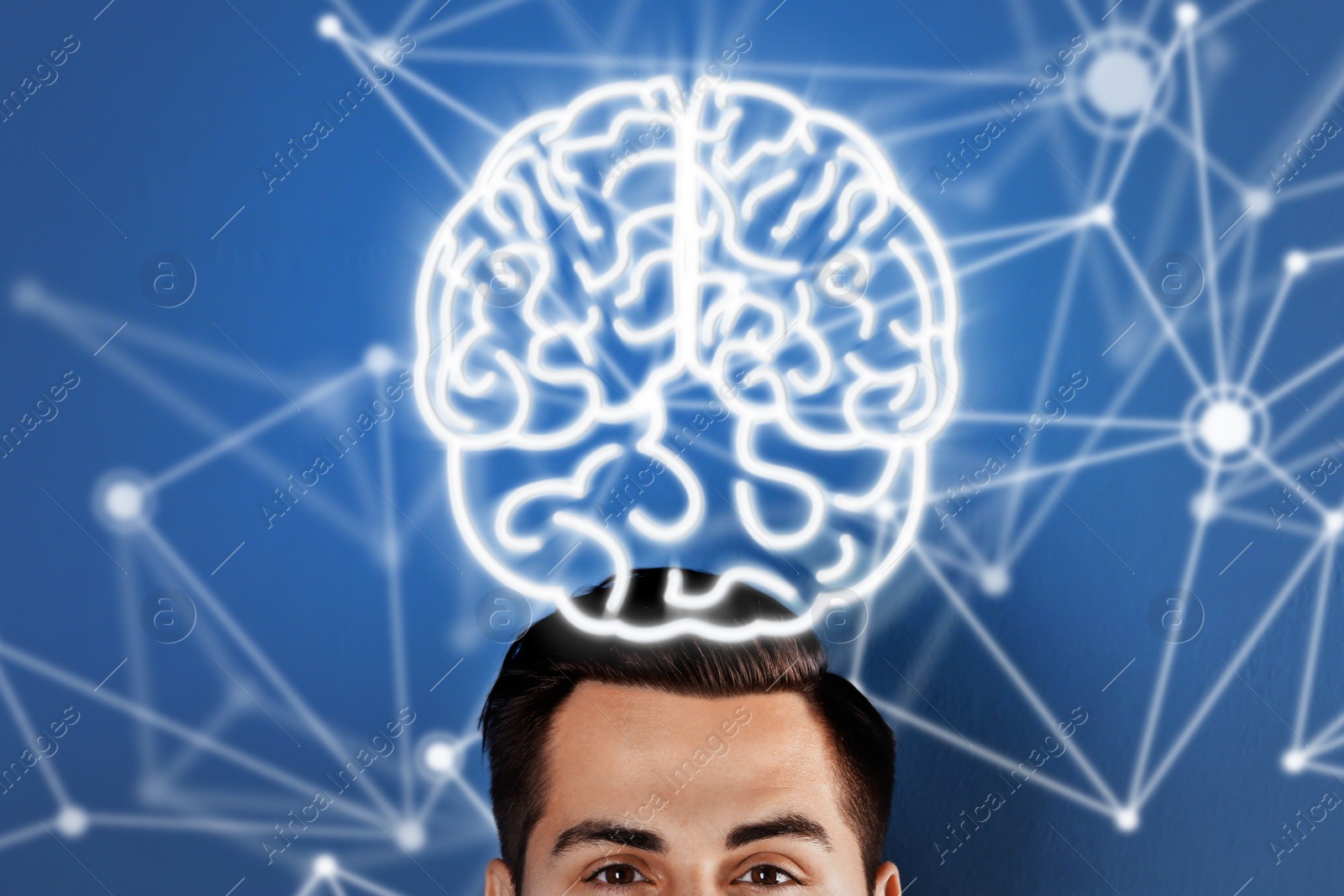 Image of Memory. Man with illustration of brain over his head against blue background with scheme