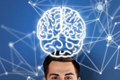 Image of Memory. Man with illustration of brain over his head against blue background with scheme