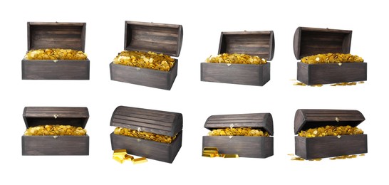 Set with treasure chests full of gold coins on white background. Banner design