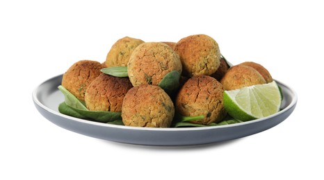 Photo of Delicious falafel balls with lime on white background