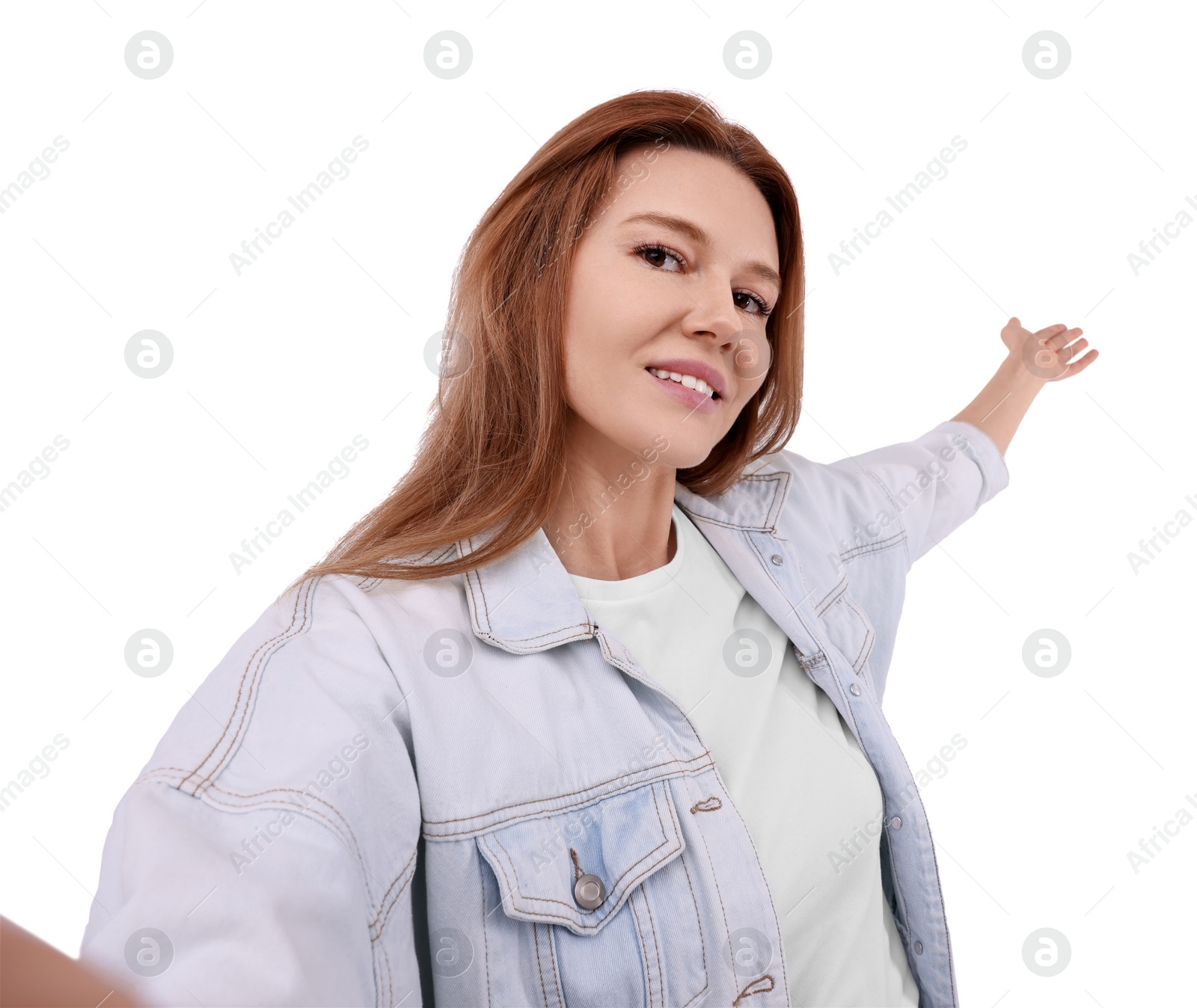 Photo of Beautiful woman taking selfie on white background