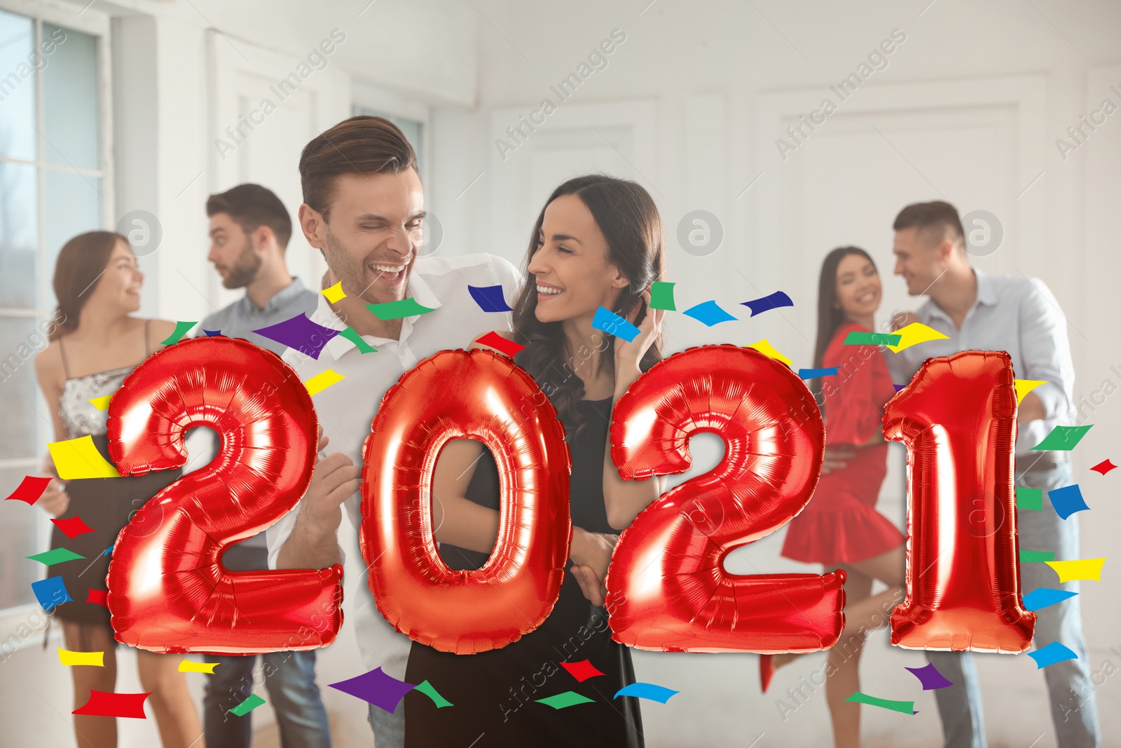 Image of Red foil 2021 balloons and people dancing at party 