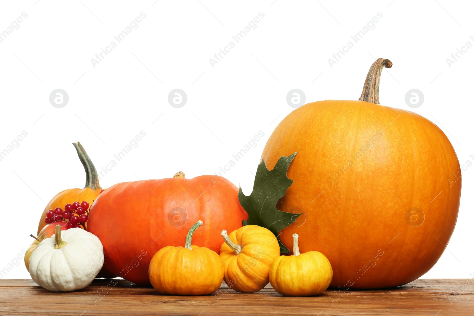 Photo of Happy Thanksgiving day. Pumpkins and berries on wooden table against white background