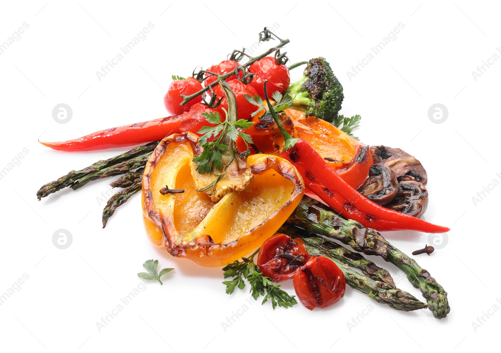 Photo of Different delicious grilled vegetables isolated on white