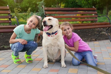 Photo of Cute little girls with dog in park