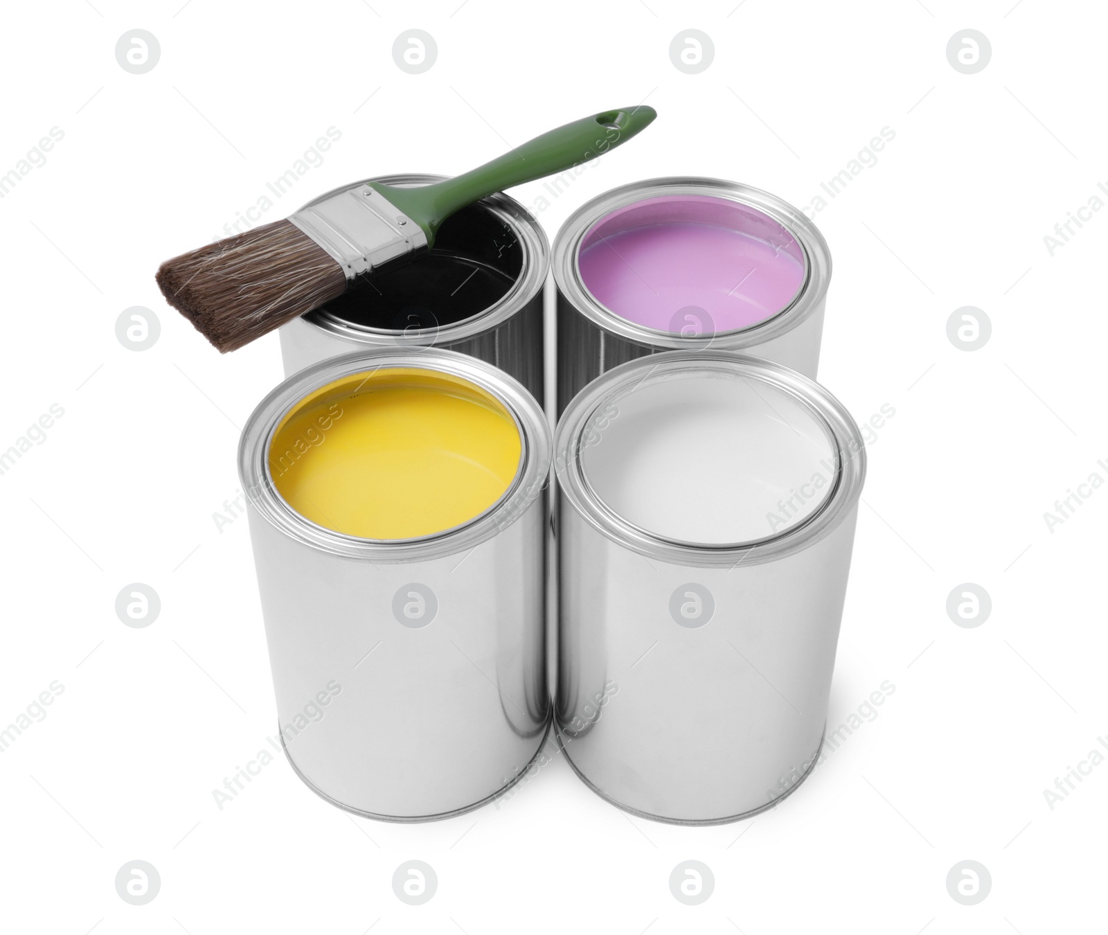 Photo of Cans of different paints with brush on white background