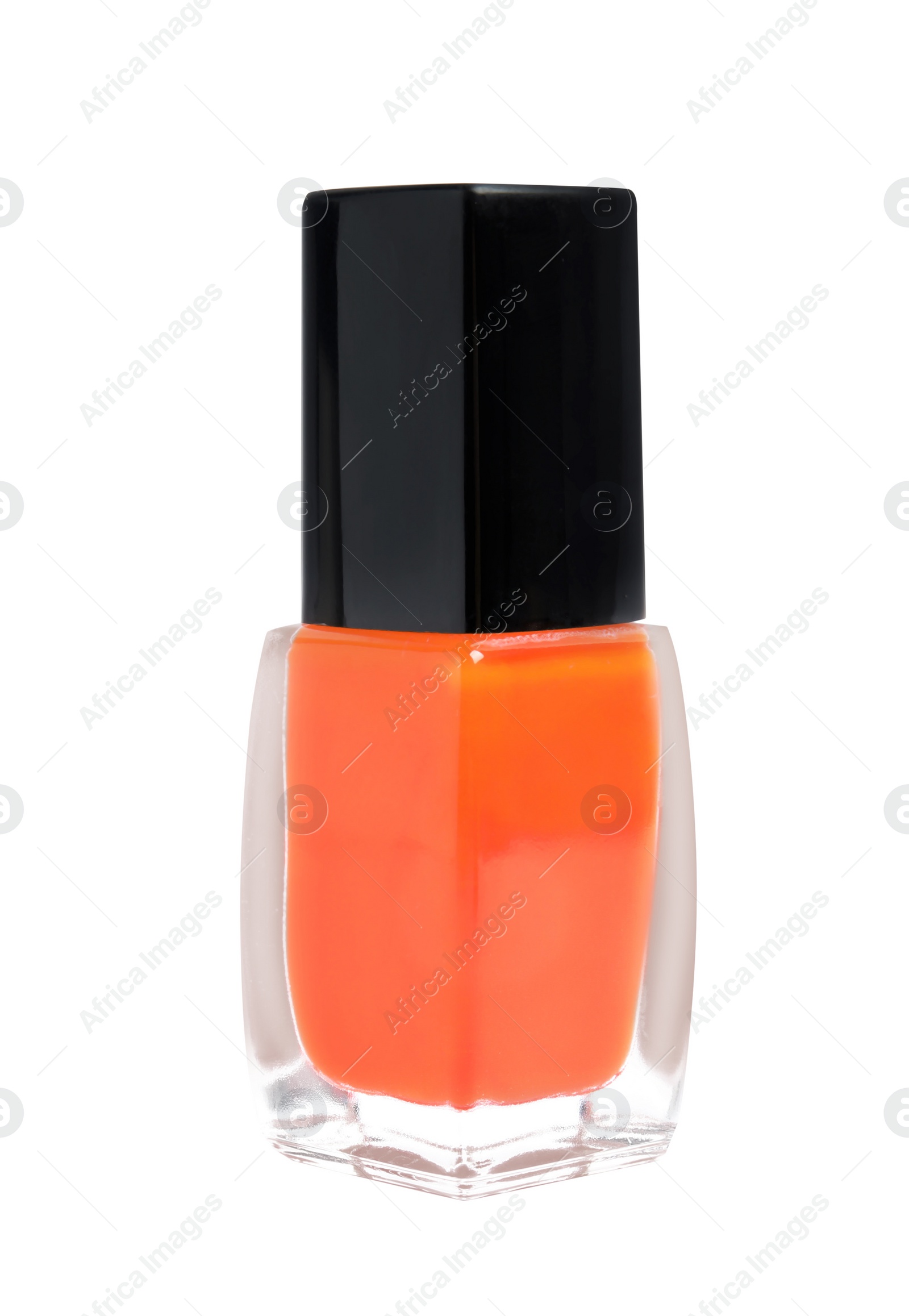 Photo of Bottle of nail polish on white background